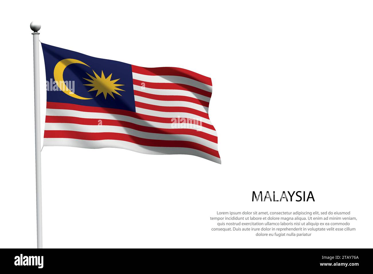 Bandiera nazionale Malesia isolata che sventola su sfondo bianco Illustrazione Vettoriale