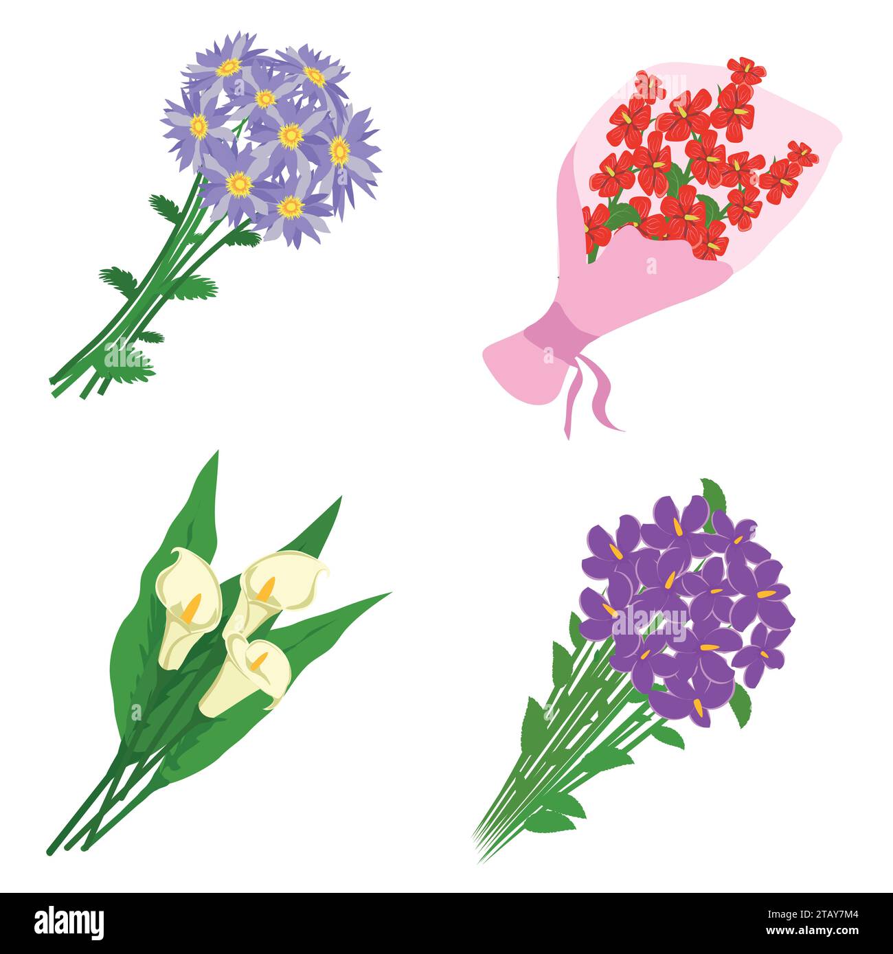 Mazzi di fiori isolati su sfondo bianco. Mazzo di fiori per il matrimonio o san valentino. Regalo di compleanno con fiori. Illustrazione vettoriale Illustrazione Vettoriale
