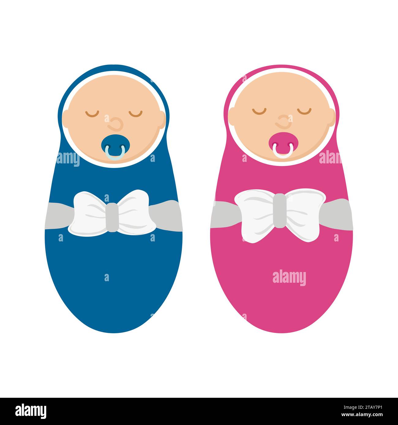 Simpatici baby boy e baby girl isolati su sfondo bianco. Neonato in sella con succhietto in stile piatto. Illustrazione vettoriale Illustrazione Vettoriale