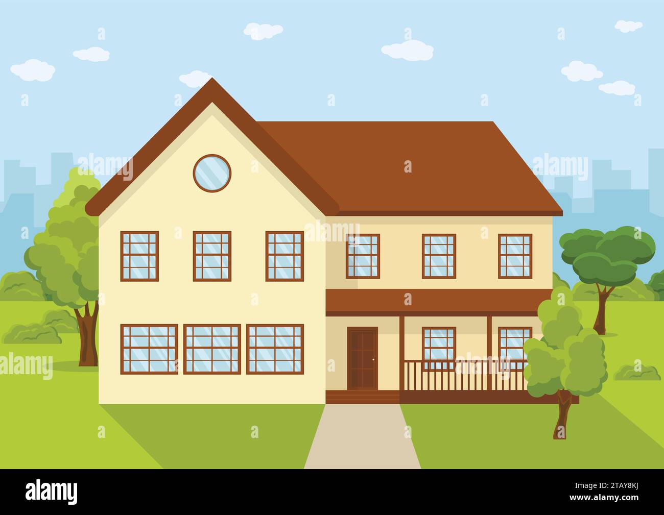 Cottage di casa cittadina, architettura residenziale privata. Di fronte alla casa e al giardino, cottage di campagna. Prati erbosi e alberi. Casa residenziale Illustrazione Vettoriale