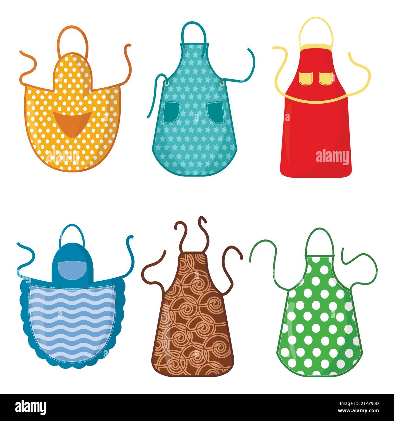 Set di grembiuli da cucina colorati con icone di motivi isolate su sfondo bianco. Indumenti protettivi. Abito da cucina per casalinga o chef del ristorante Illustrazione Vettoriale