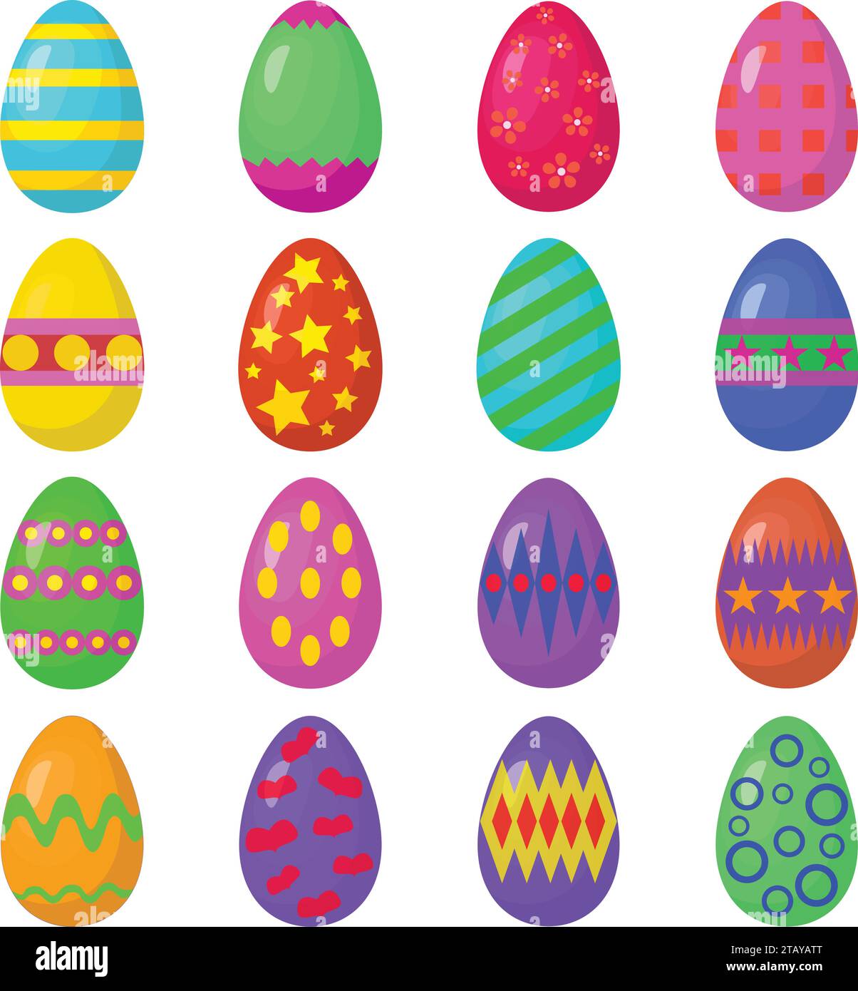 Cartoni animati Happy easter simpatici set vettoriale di uova colorate. Simbolo tradizionale di Pasqua isolato su sfondo bianco. Illustrazione vettoriale Illustrazione Vettoriale