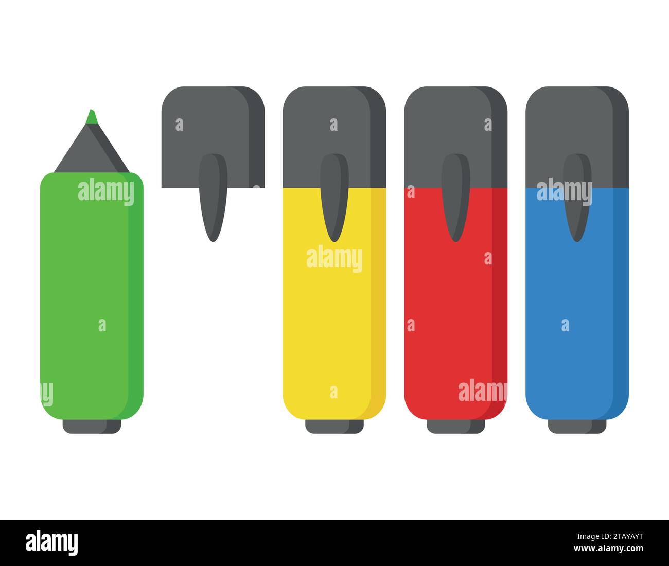 Set di pennarelli isolato su sfondo bianco. Forniture colorate per la scuola e l'ufficio. Illustrazione vettoriale. Illustrazione Vettoriale