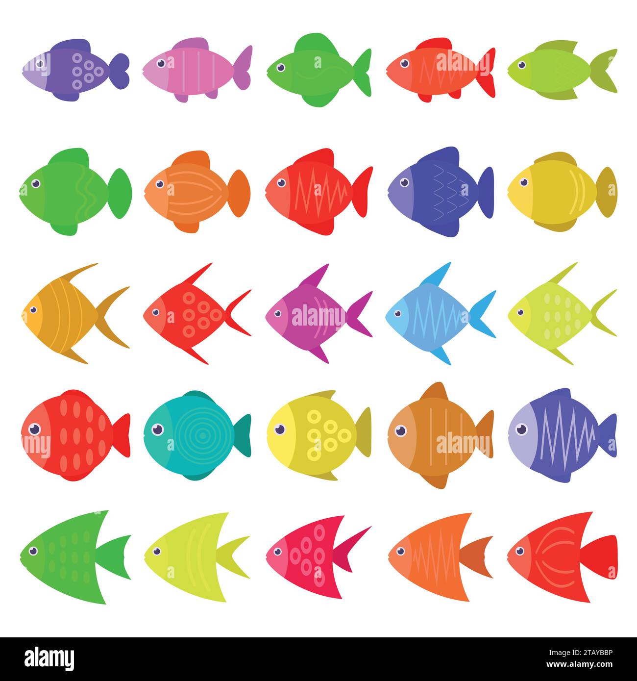 Simpatiche icone colorate dei pesci in stile piatto. Pesci tropicali, pesci di mare e acquari isolati su sfondo bianco. Illustrazione vettoriale Illustrazione Vettoriale