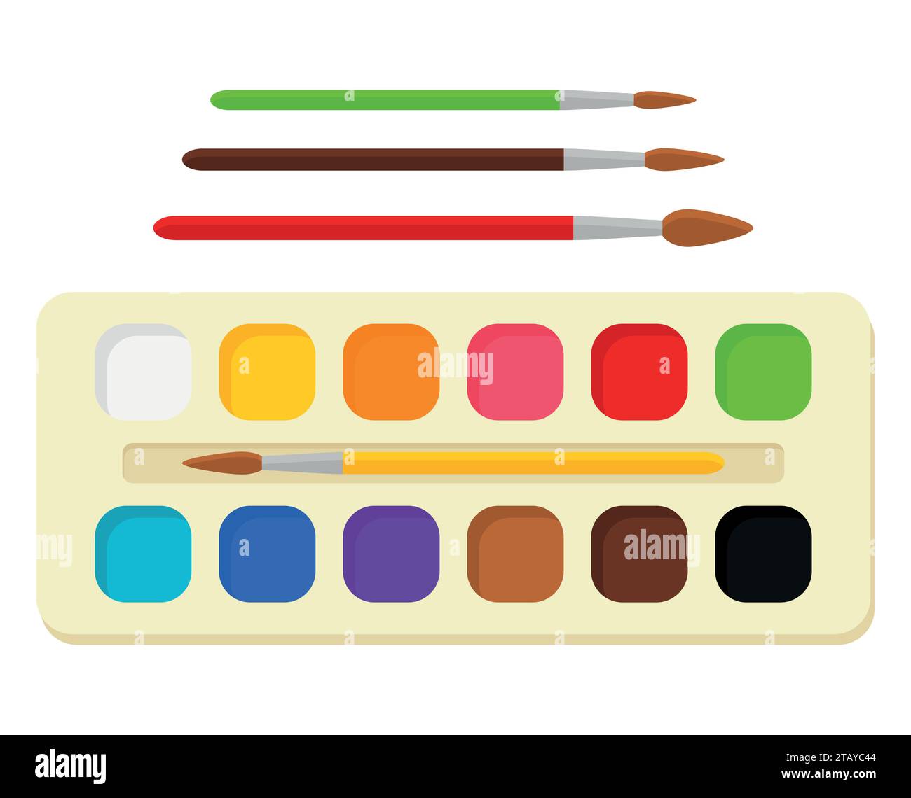 Set di vernici ad acquerello brillanti in scatola con pennelli. Tavolozza di colori. Strumenti e accessori per designer, illustratori, artisti. Creatività artistica Illustrazione Vettoriale
