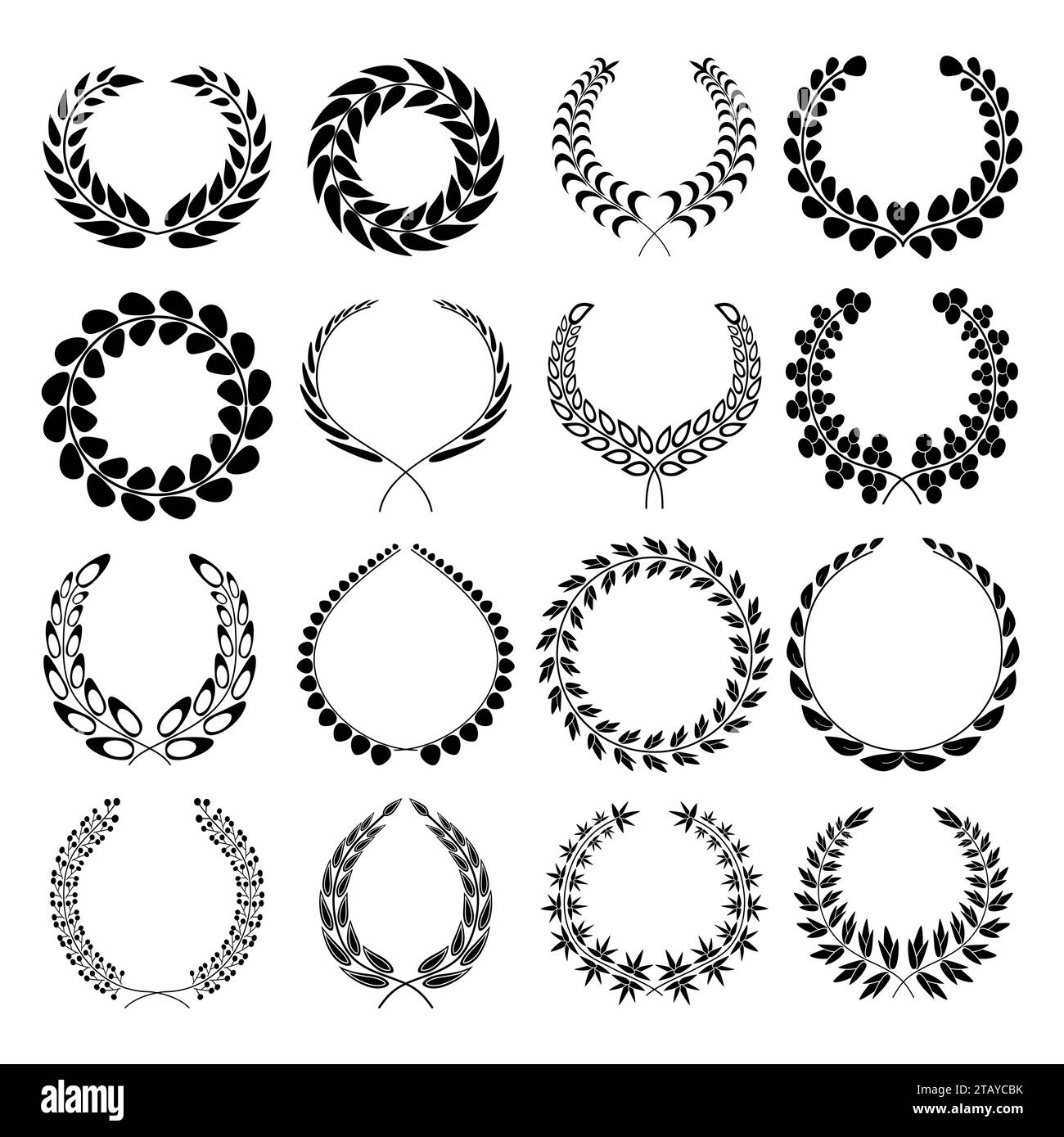 Set di sagome di ghirlande di alloro. Icone vettoriali delle forme diverse isolate su sfondo bianco. Vittoria, trionfo e gratificante Illustrazione Vettoriale