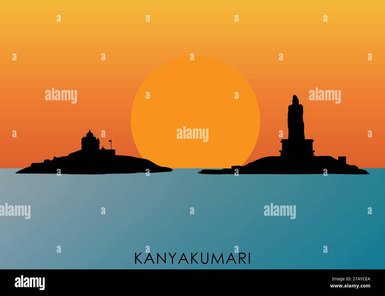 Illustrazione di una silhouette dell'alba di Kanyakumari con la statua di Thiruvalluvar e il Memoriale di Vivekanandha Illustrazione Vettoriale