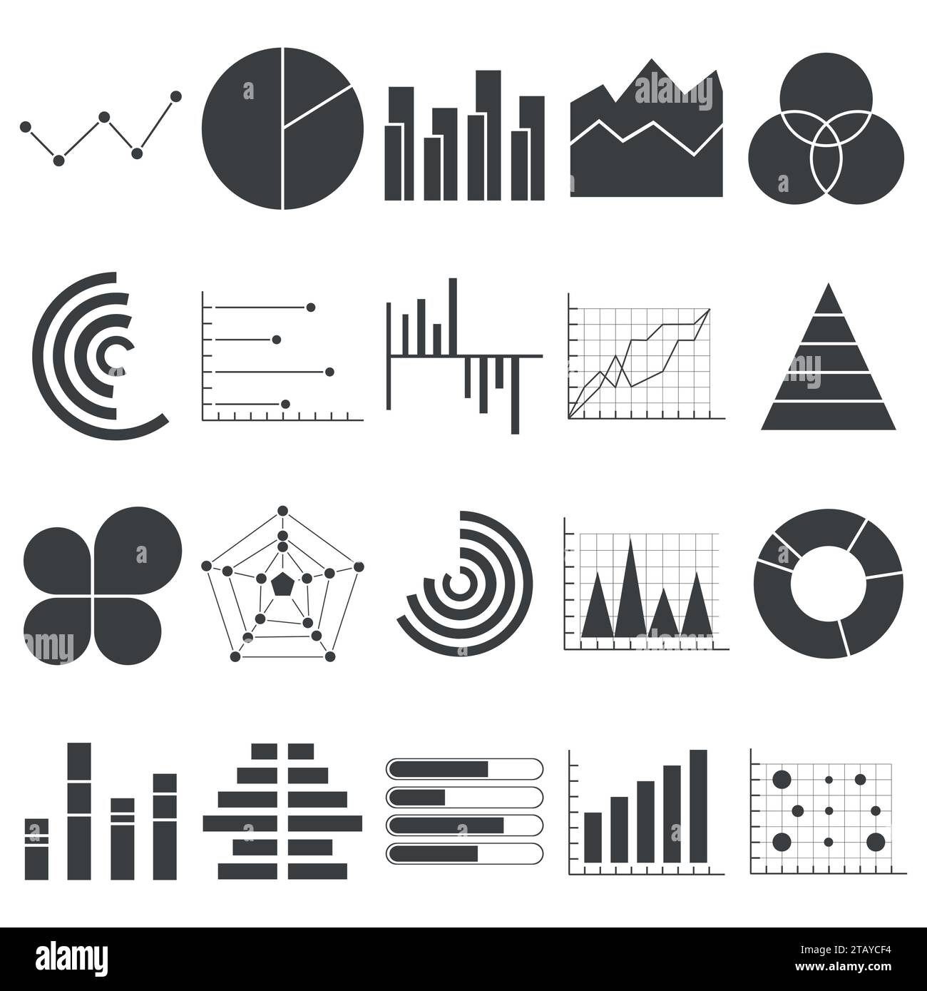 Icone dei grafici dei dati aziendali. Grafici finanziari e di marketing. Elementi di mercato diagrammi e grafici a torta a barre. Foglio di flusso infografica aziendale Illustrazione Vettoriale