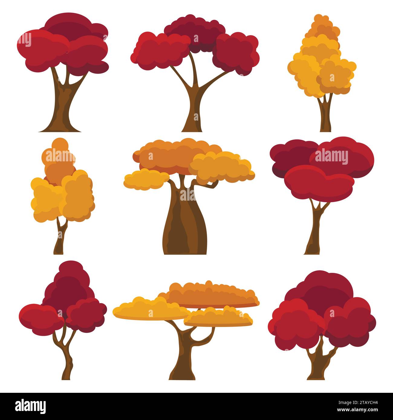 Adagiate gli alberi autunnali in piano. Albero giallo e rosso del giardino dei cartoni animati. Ambiente naturale biologico. Foglie d'oro autunnali degli alberi dei cartoni animati per il parco cittadino Illustrazione Vettoriale