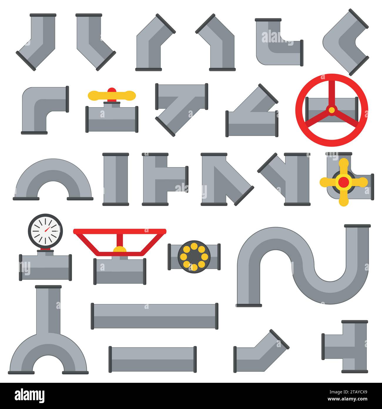 Dettagli del connettore di giunzione del set di tubi dell'acqua di raccolta dei tubi. Diversi tipi di costruzione di valvole del gas industriali e tecnologia di pressione industriale del petrolio Illustrazione Vettoriale