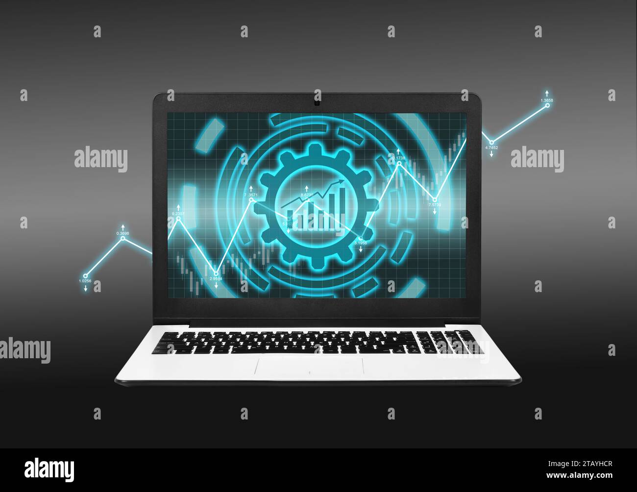 Computer portatile che mostrava la borsa valori. Business trading e concetto tecnologico Foto Stock