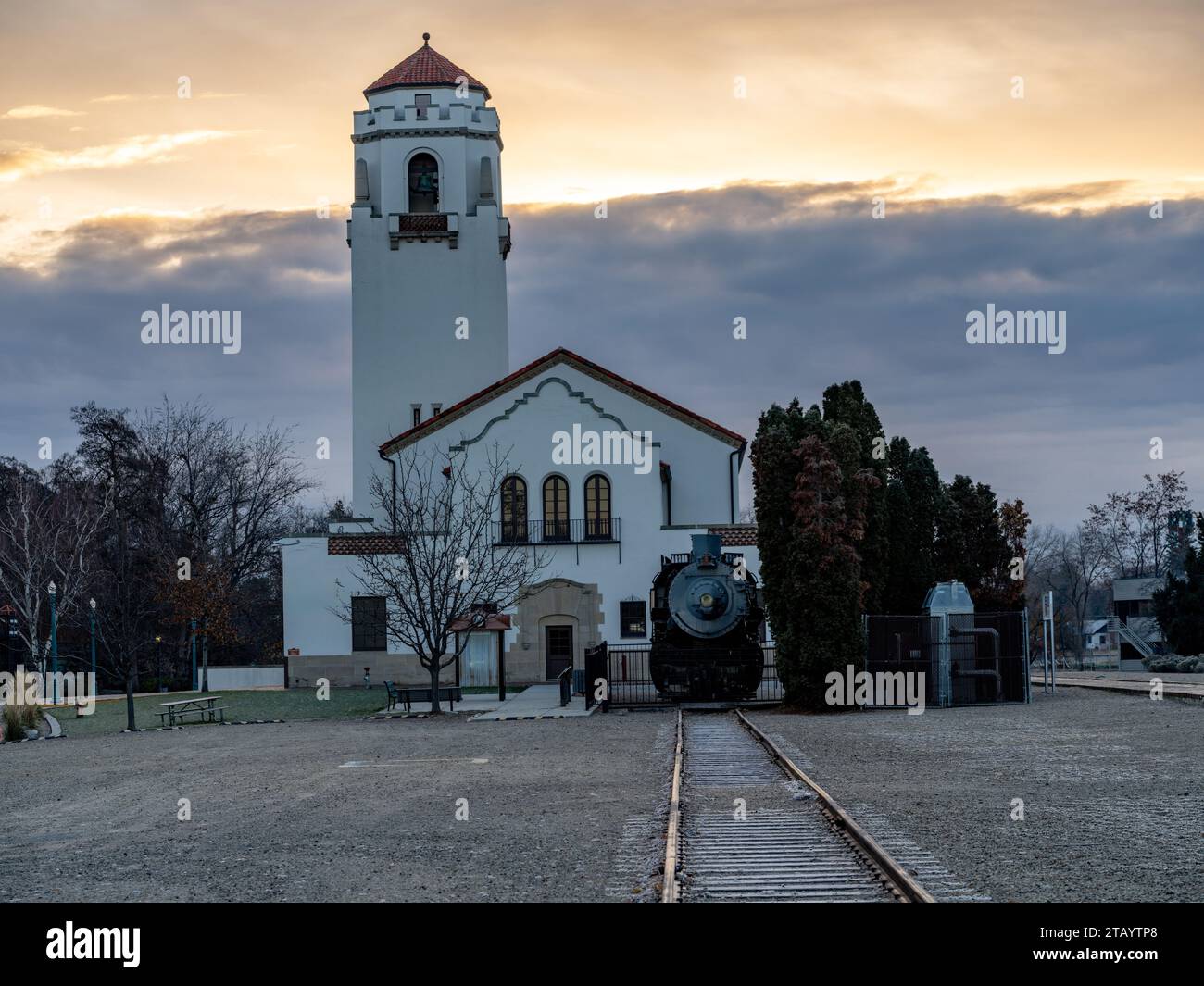 Alba sul deposito ferroviario di Boise Idaho Foto Stock