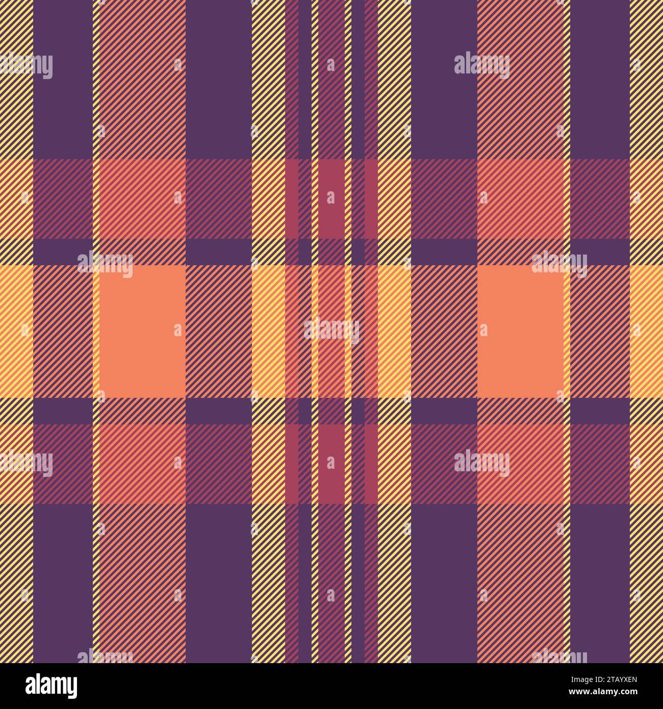 Controlla il motivo senza cuciture del tessuto tartan a quadri con uno sfondo tessuto vettoriale in rosso e viola. Illustrazione Vettoriale