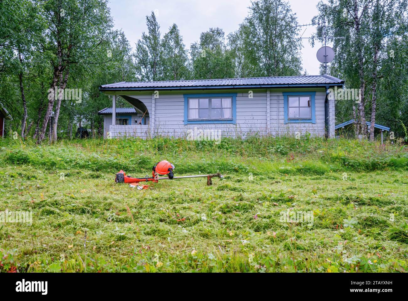 Rifinitore arancione per corde a gas, casco di sicurezza con protezione per gli occhi e guanti gommosi su erba fresca di fronte a cottage di montagna in legno. Svezia, LAPL Foto Stock