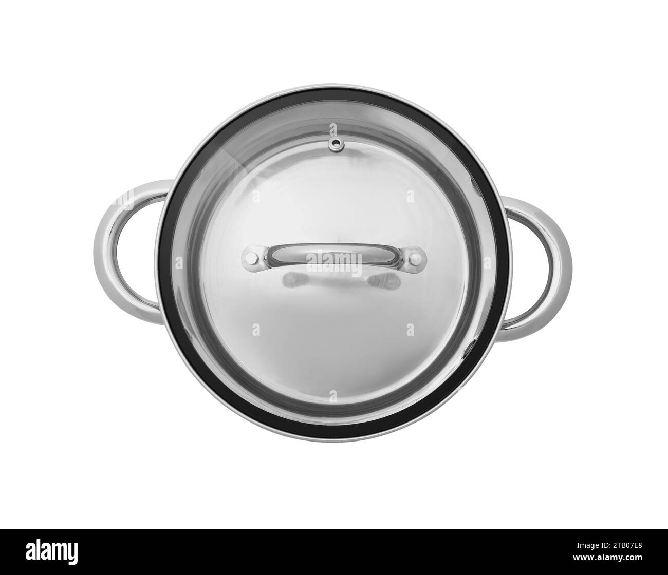 Un recipiente in acciaio con coperchio in vetro isolato su bianco, vista dall'alto Foto Stock