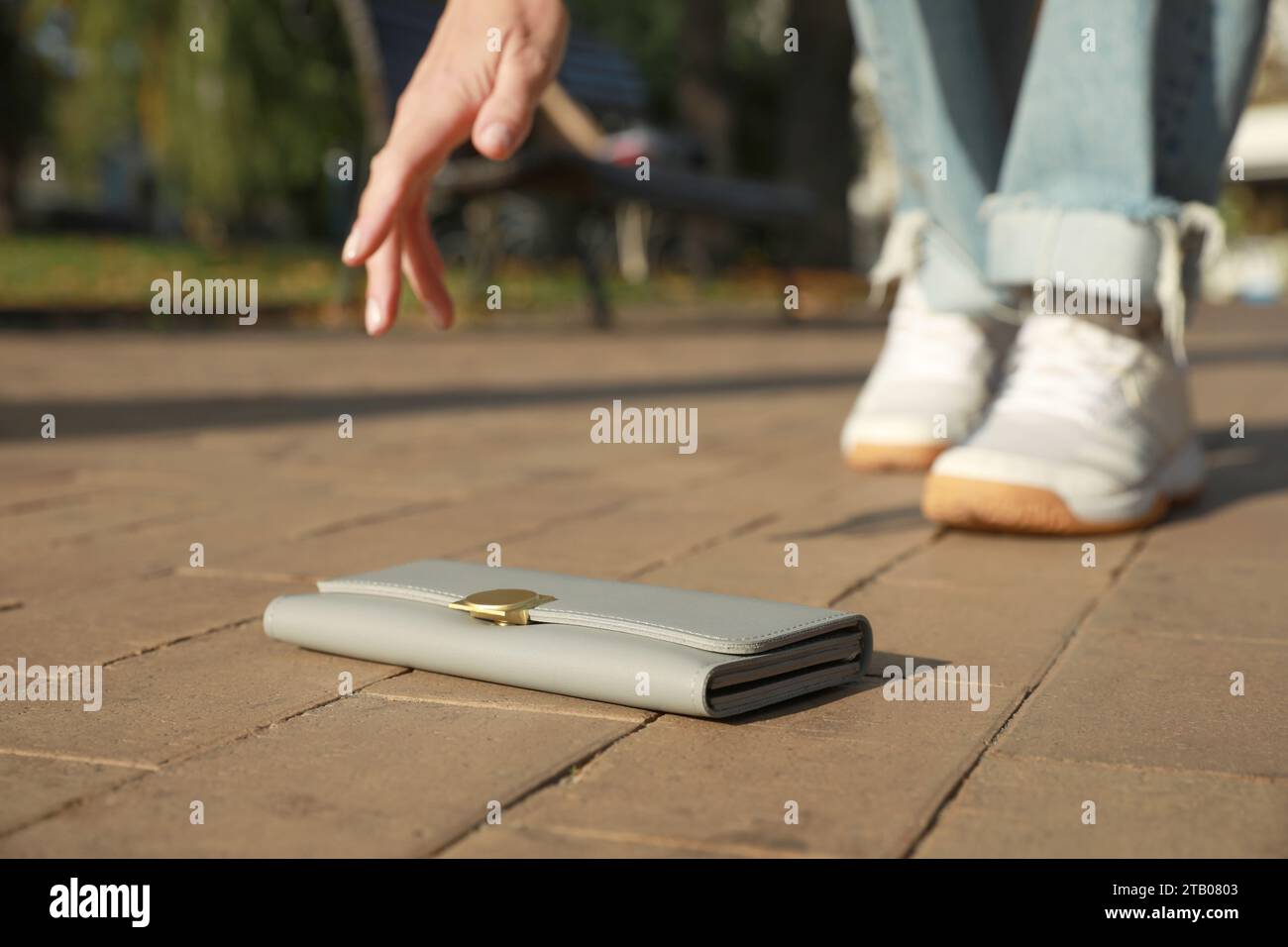 Donna che prende una borsa grigia all'aperto, primo piano. Perso e trovato Foto Stock