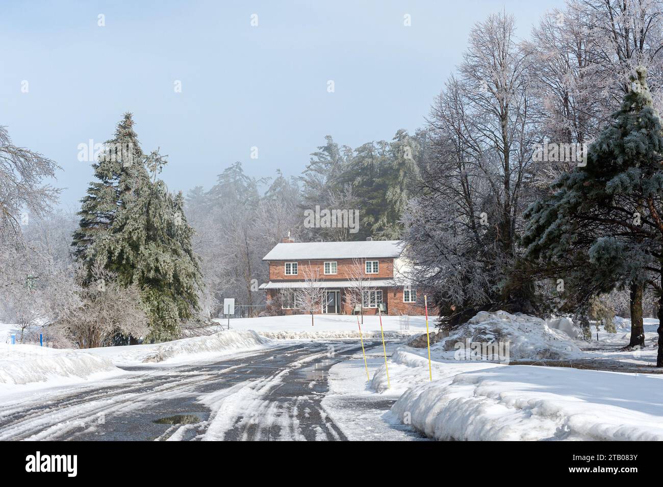 strada suburbana dopo la tempesta di neve Foto Stock