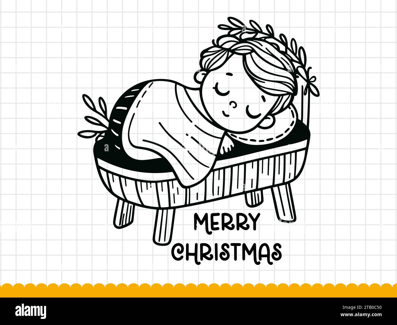 Black line art baby Jesus che dorme nella mangiatoia. Illustrazione vettoriale. Illustrazione Vettoriale