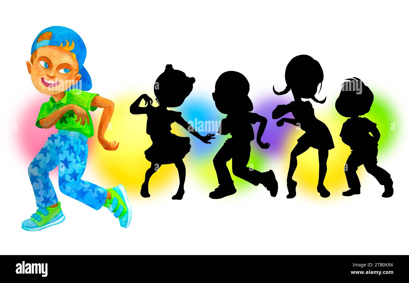 Felice ragazzo in età scolastica che danza allegramente. Trova il gioco delle ombre. Clipart. Illustrazione ad acquerello isolata per la progettazione di cartoline, poster, stampa di t-shirt. Foto Stock
