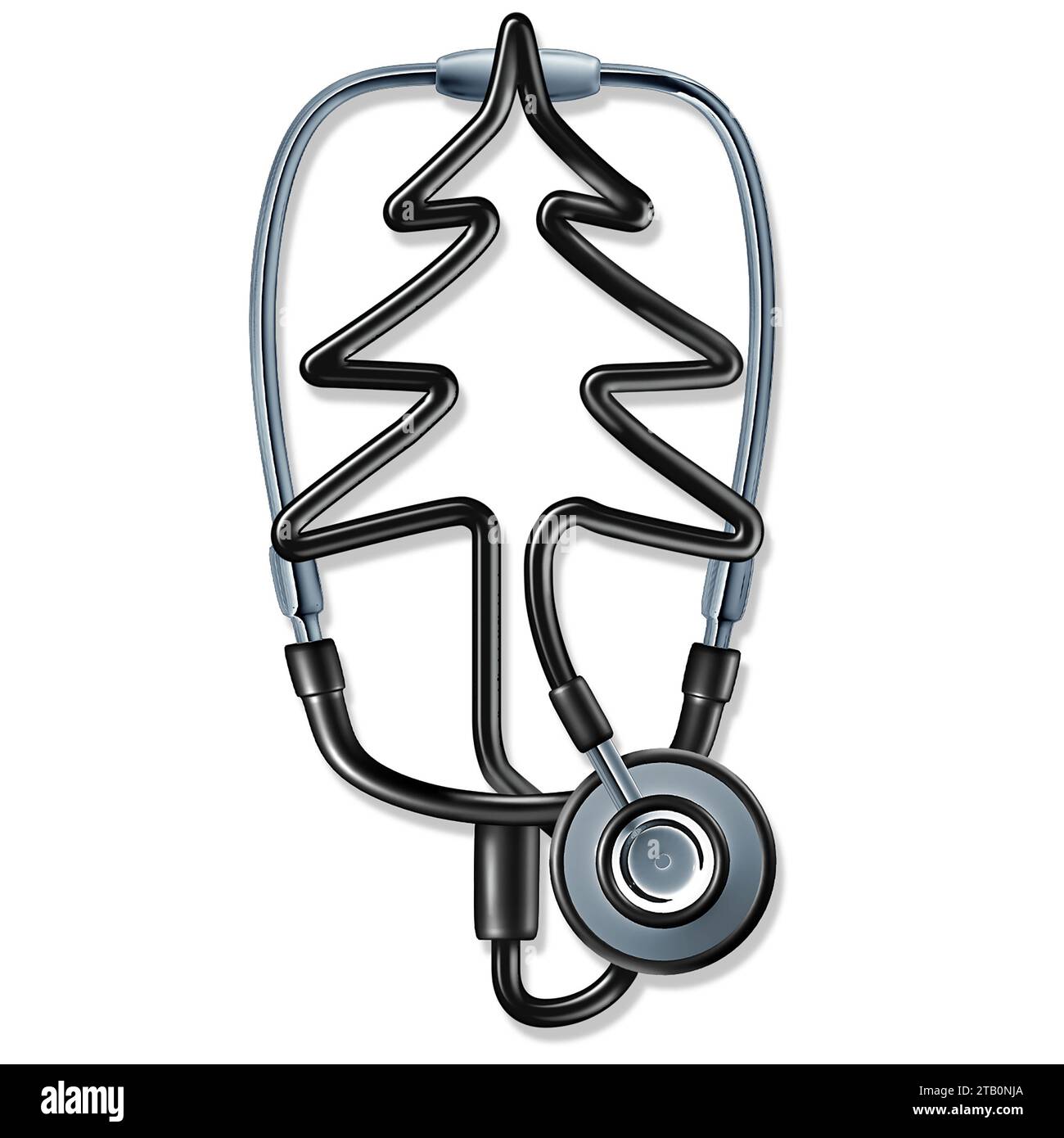 Salute salute festività saluto e operatori sanitari simbolo stagione natalizia con uno stetoscopio medico o infermiera che forma un pino che celebra H Foto Stock