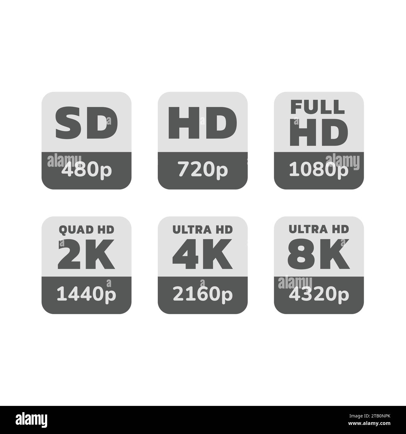 Set di adesivi per le risoluzioni dello schermo Full HD e Ultra HD. Adesivi ed etichette 4K, 8K e 1080p. Illustrazione Vettoriale