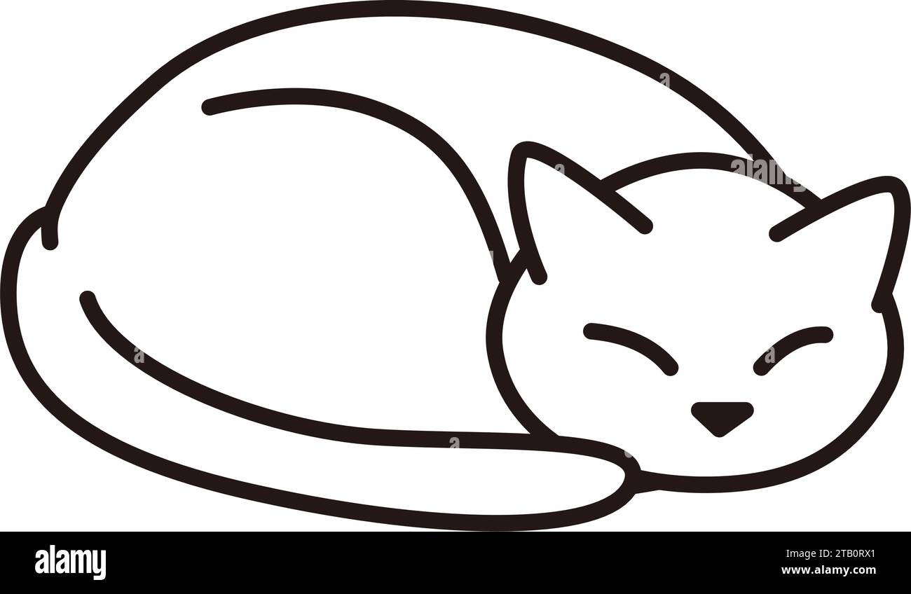 Un gatto si è arricciato e ha dormito felicemente. Disegno a linee monocromatico. Illustrazioni di stile semplici e carine. Illustrazione Vettoriale
