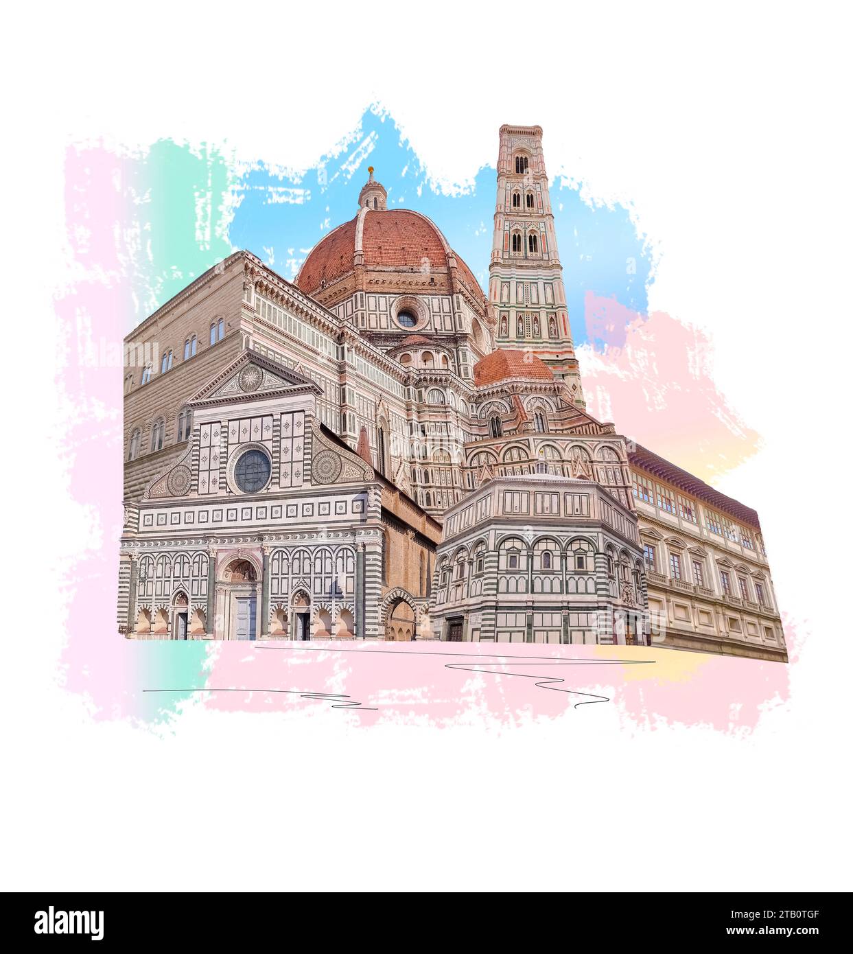 Collage di monumenti storici di Firenze, Italia. Basilica di Santa Maria del Fiore o Basilica di Santa Maria del Fiore a Firenze. Design d'arte Foto Stock