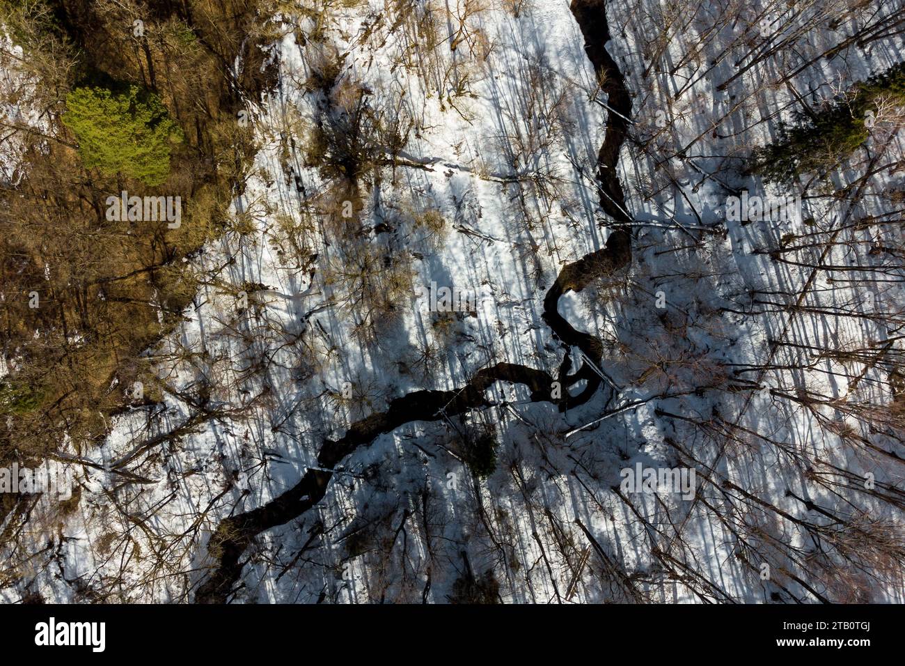 Vista da un quadricottero di un torrente tortuoso immerso nella natura innevata Foto Stock