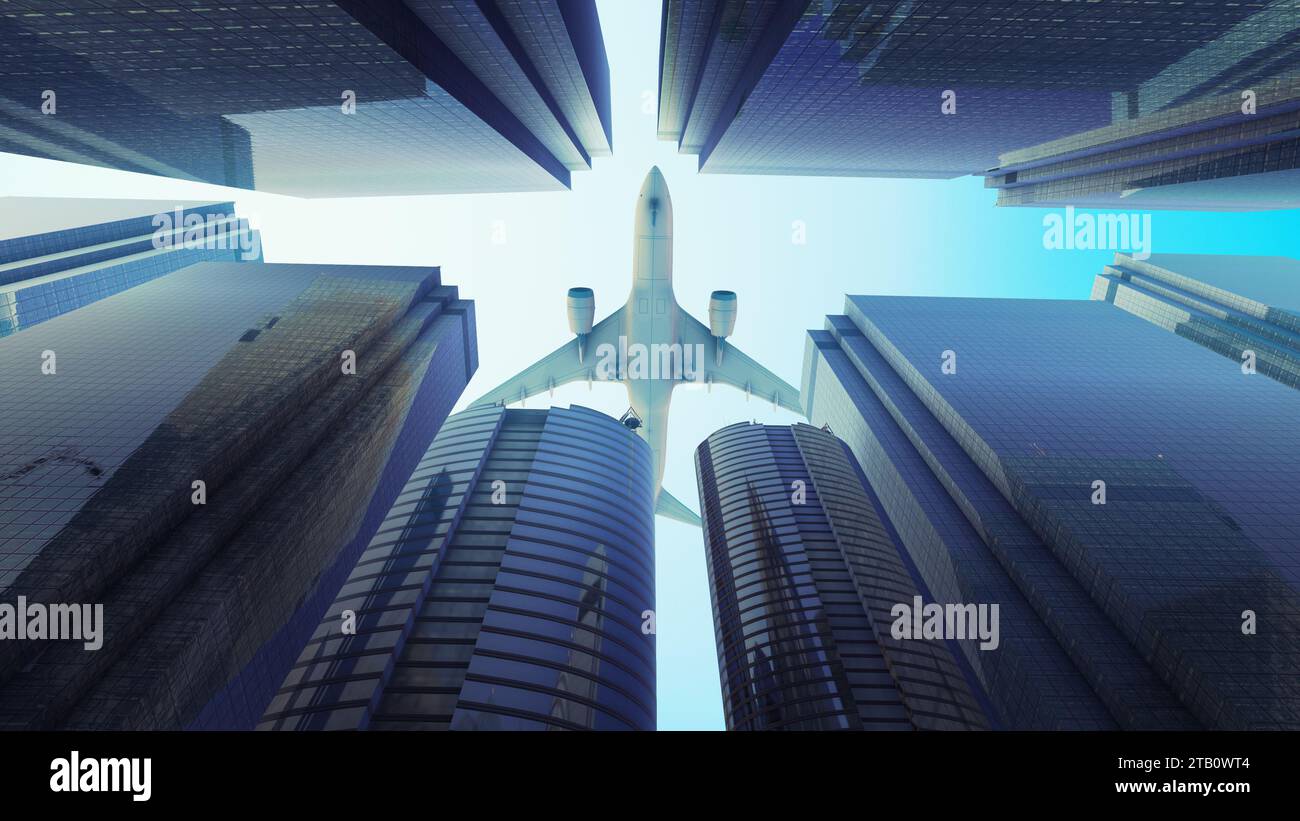 Edifici con aerei in volo nello skyline moderno Foto Stock