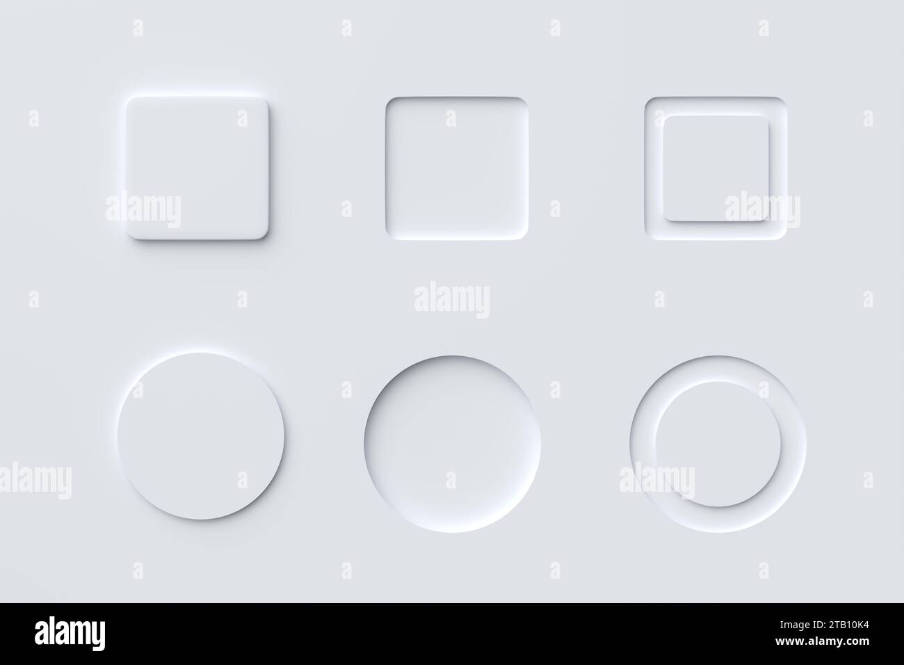 Set di design per neumorfismo con bottoni pneumatici. Elementi di design semplici e alla moda componenti dell'interfaccia utente su sfondo bianco. Rendering 3D. Foto Stock