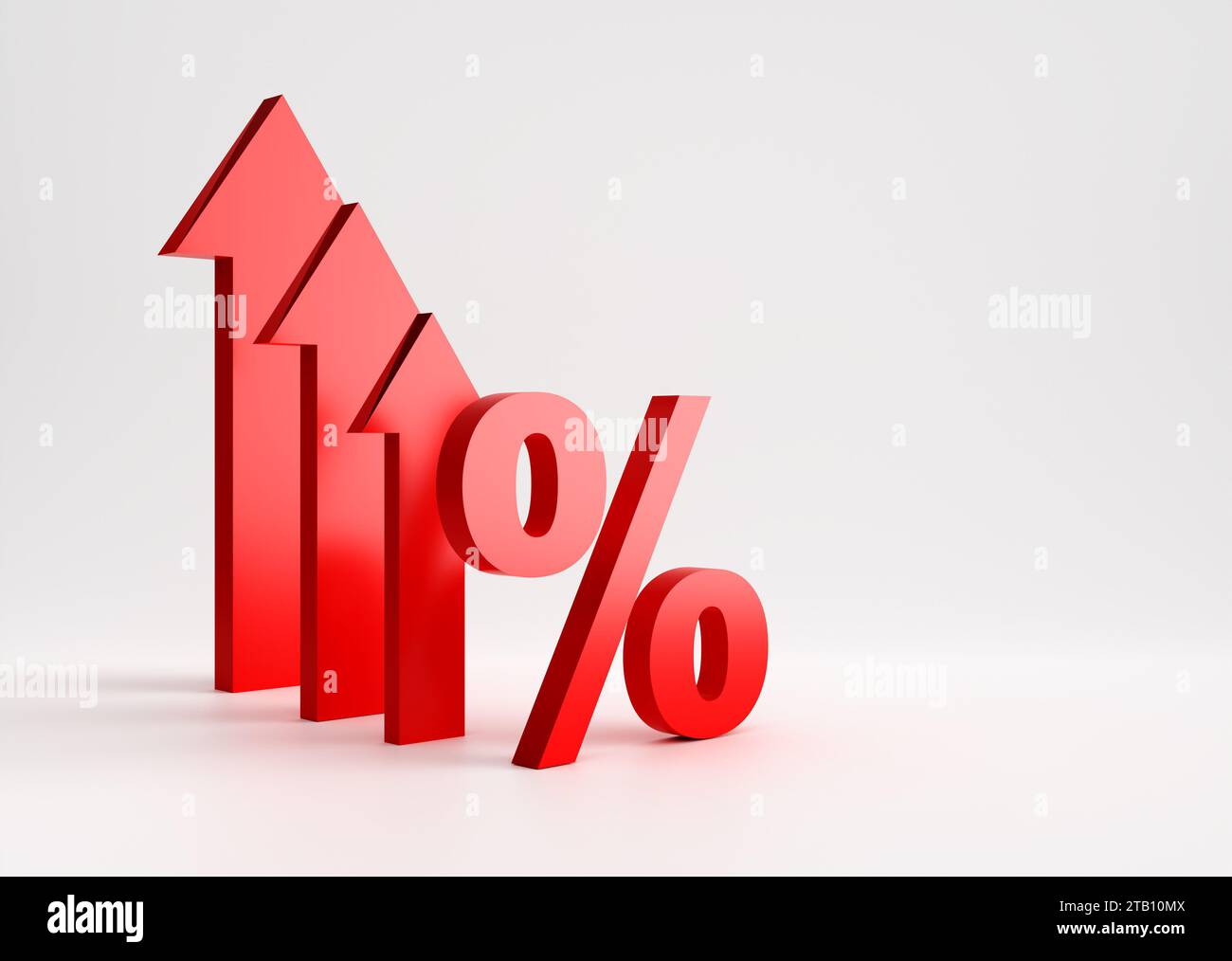 Simbolo di percentuale con frecce verso l'alto su sfondo bianco. Aumento dei costi o dei tassi di interesse. Aumento dei profitti. Rendering 3D. Foto Stock