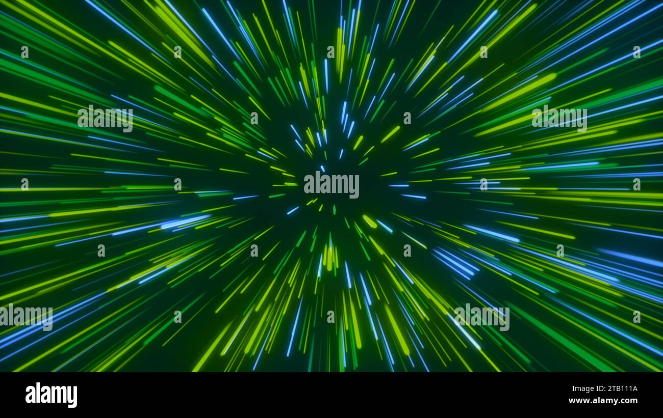Viaggi astratti nello spazio con colori brillanti al neon verde e blu Foto Stock