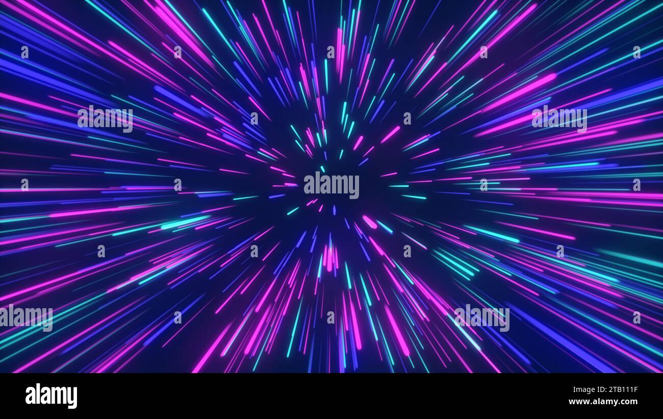 Viaggi astratti nello spazio con colori fluorescenti viola e blu Foto Stock