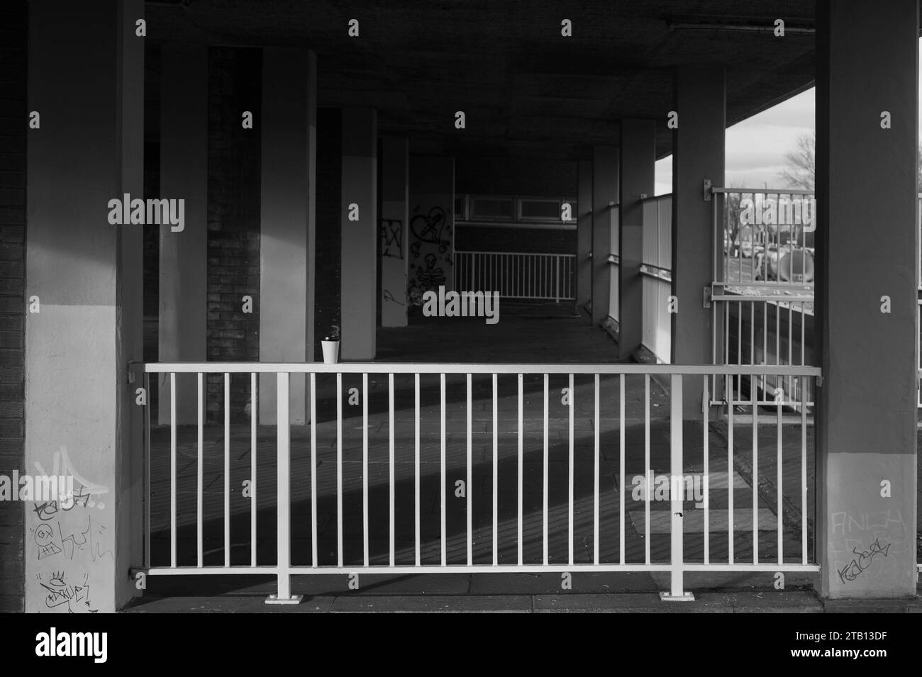 Tazza di caffè usa e getta sulle ringhiere, Shieldfield, Newcastle upon Tyne Foto Stock