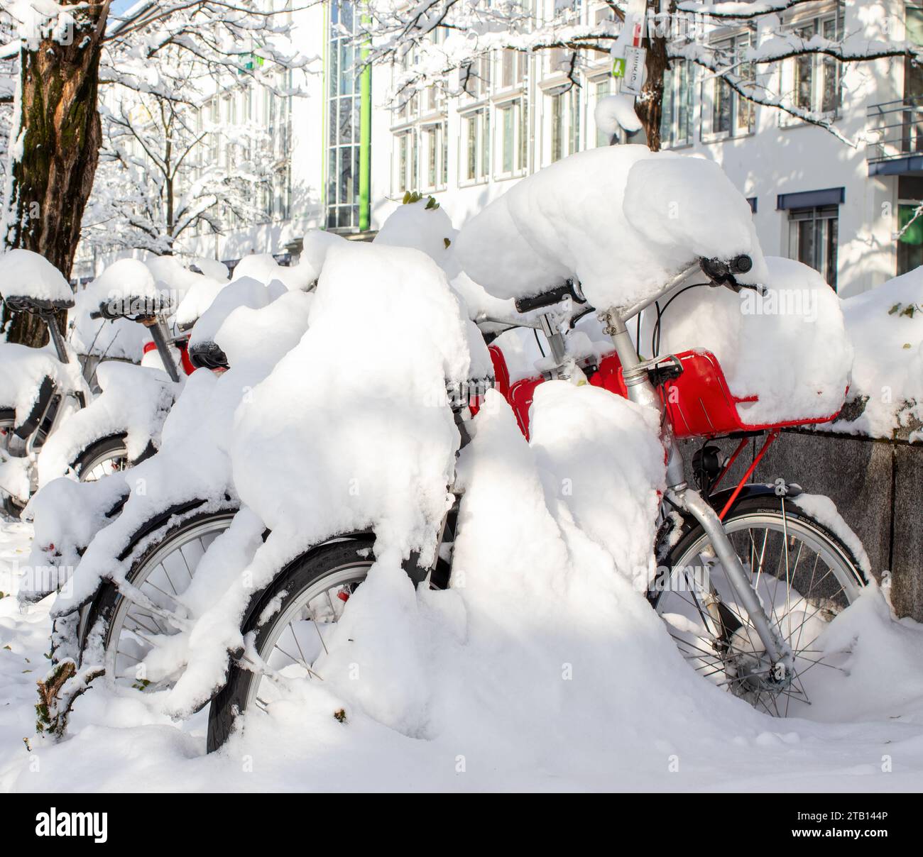 Biciclette coperte di neve parcheggiate in una zona residenziale durante una nevicata di dicembre a Monaco, Germania. Foto Stock