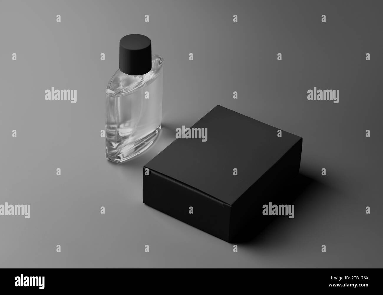 Modello di scatola nera e flacone di profumo in vetro trasparente, flacone di profumo. Modello di confezione elegante e aroma di lusso con un flacone spray. Prodotto Foto Stock