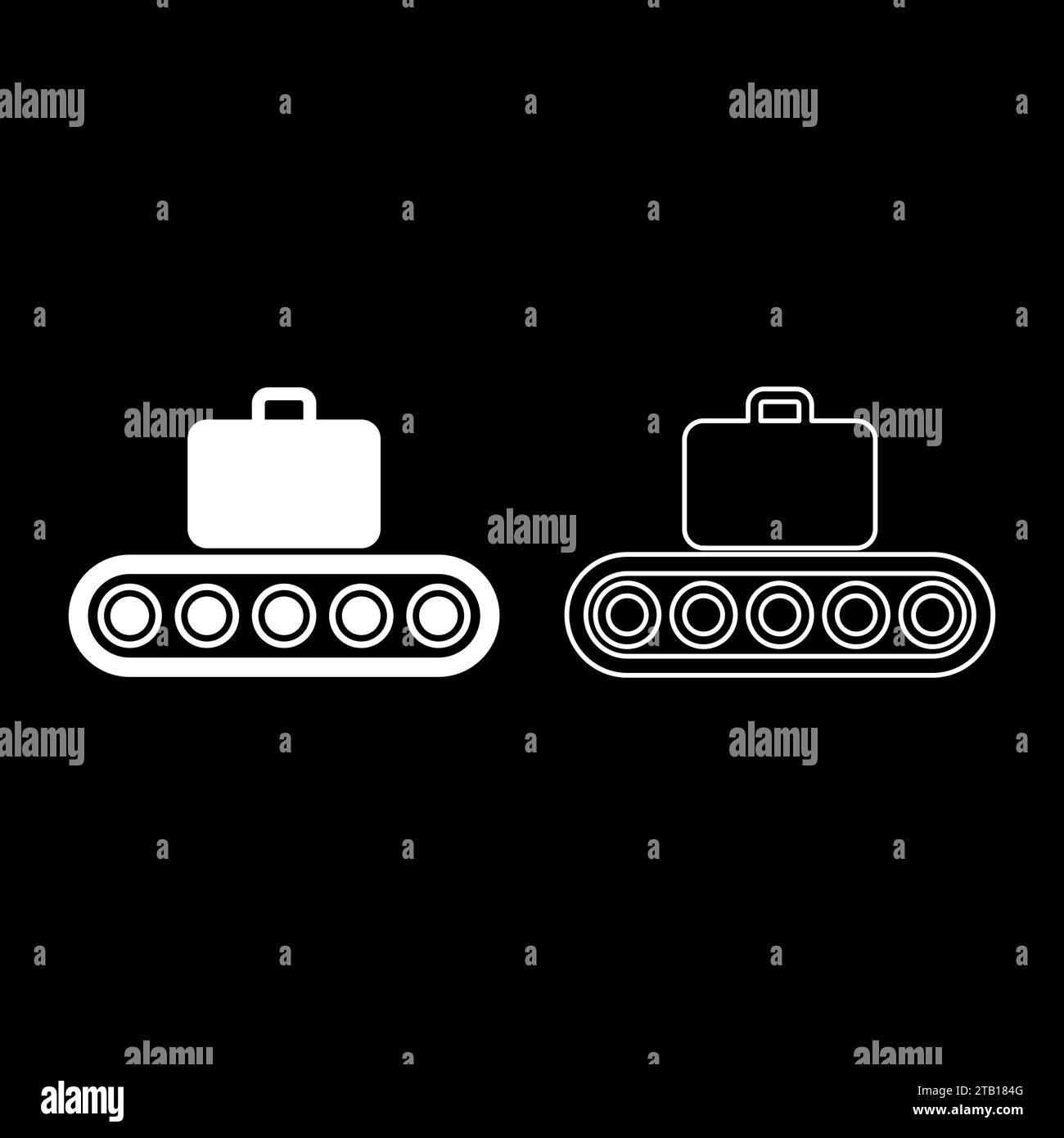 Nastro trasportatore nastro aeroportuale bagaglio bagaglio bagaglio bagaglio bagaglio linea di produzione automatizzata set di produzione ICON bianco illustrazione vettoriale Illustrazione Vettoriale