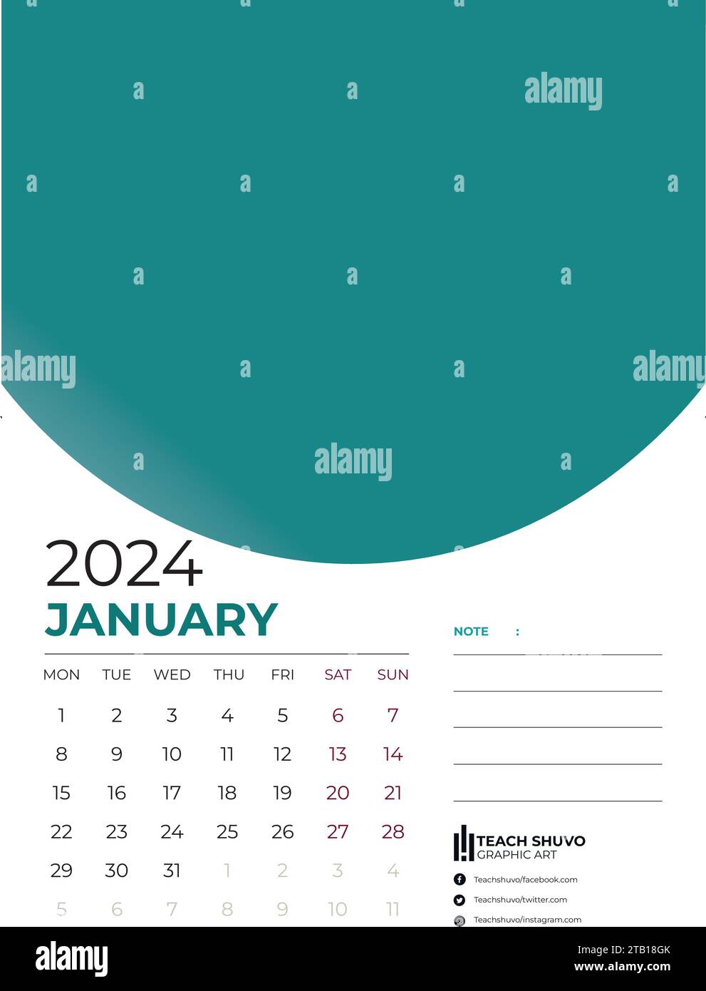 Modello di calendario per il 2024 anno. Griglia calendario da parete in stile minimalista. La settimana inizia lunedì. Illustrazione Vettoriale