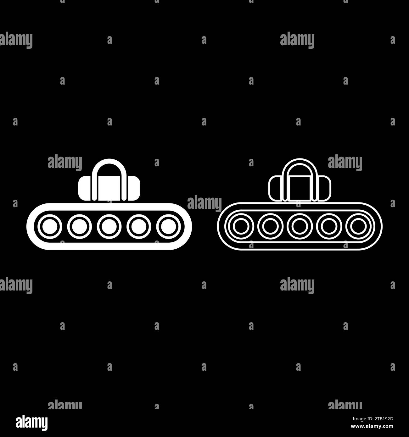 Nastro trasportatore nastro aeroportuale bagaglio passeggeri bagagli linea di produzione di sacchetti sportivi set di produzione automatizzato Icon illustrazione vettoriale di colore bianco Illustrazione Vettoriale