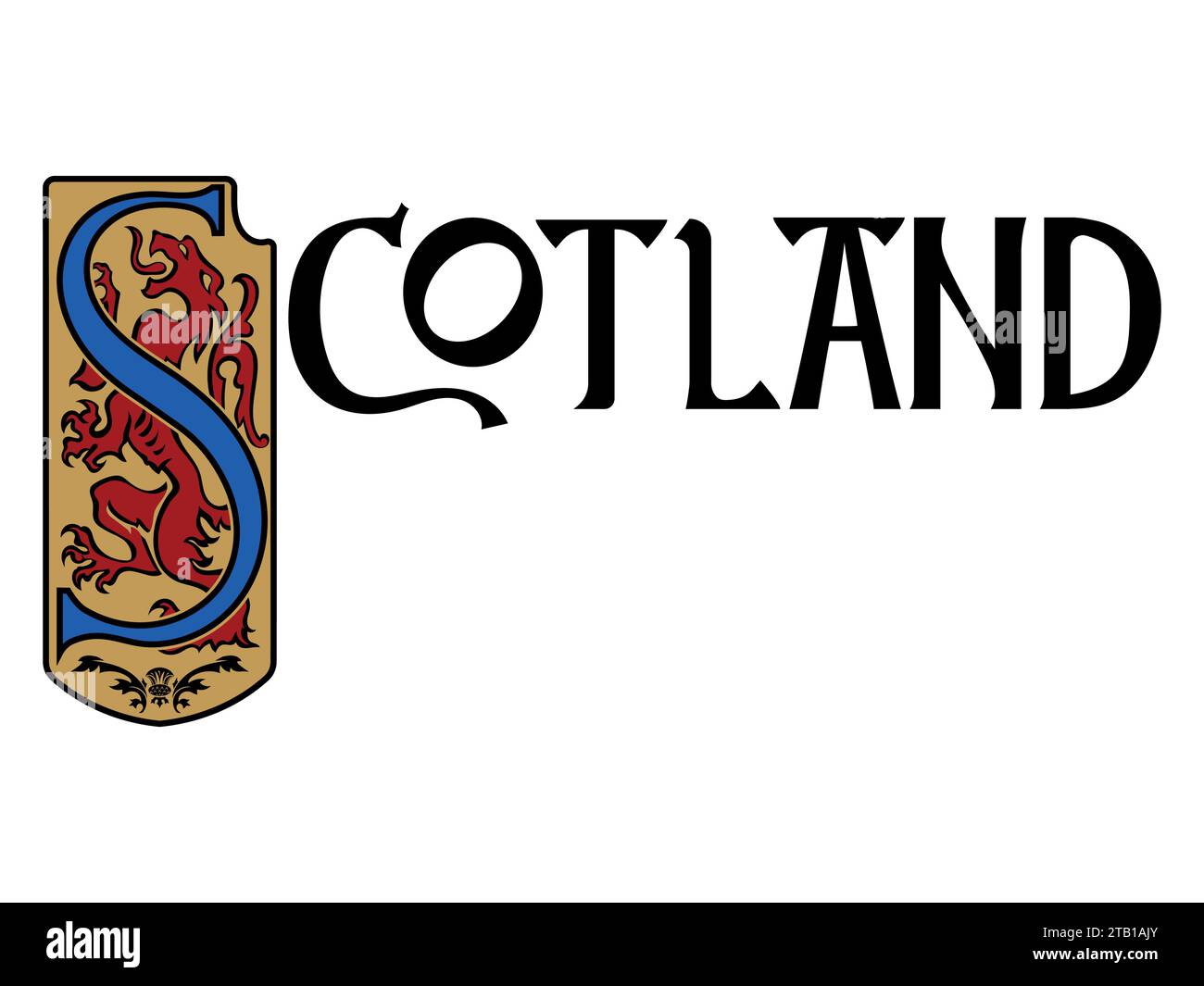 Design scozzese in stile vintage e retrò. Leone araldico con scudo e iscrizione vintage - Scozia in stile celtico con ornamenti etnici Illustrazione Vettoriale
