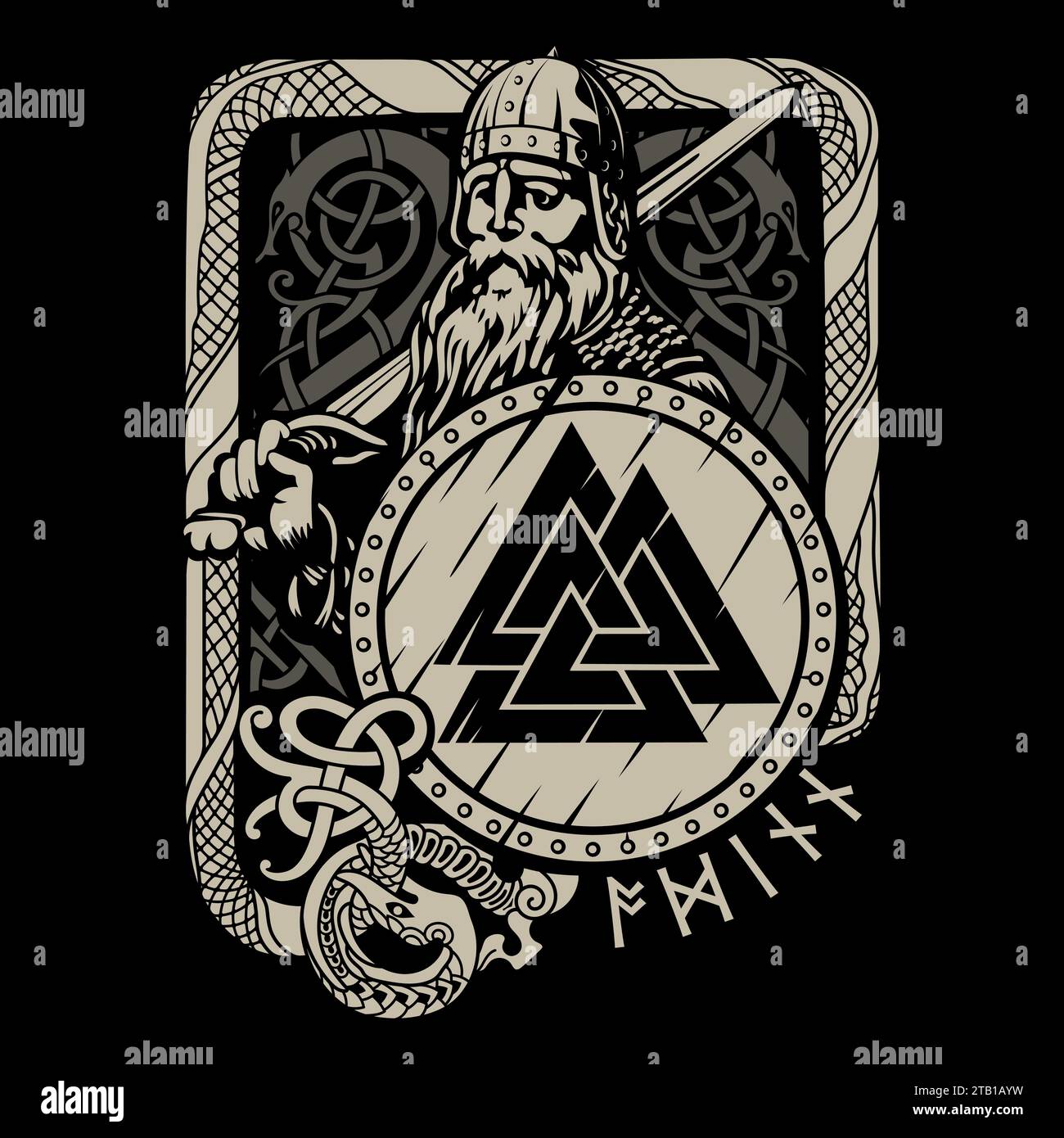 Design ispirato ai vichinghi. Antico Dio norvegese Odino con spada e scudo. Ornamento celtico-scandinavo con serpente Illustrazione Vettoriale