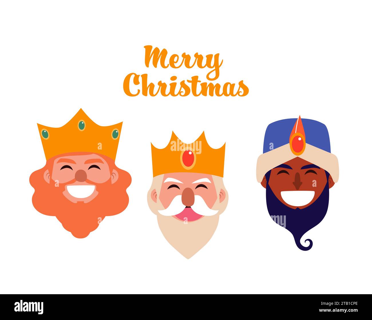 Tre re dell'originale design dell'avatar natalizio. Biglietto d'auguri con testo di buon Natale Foto Stock