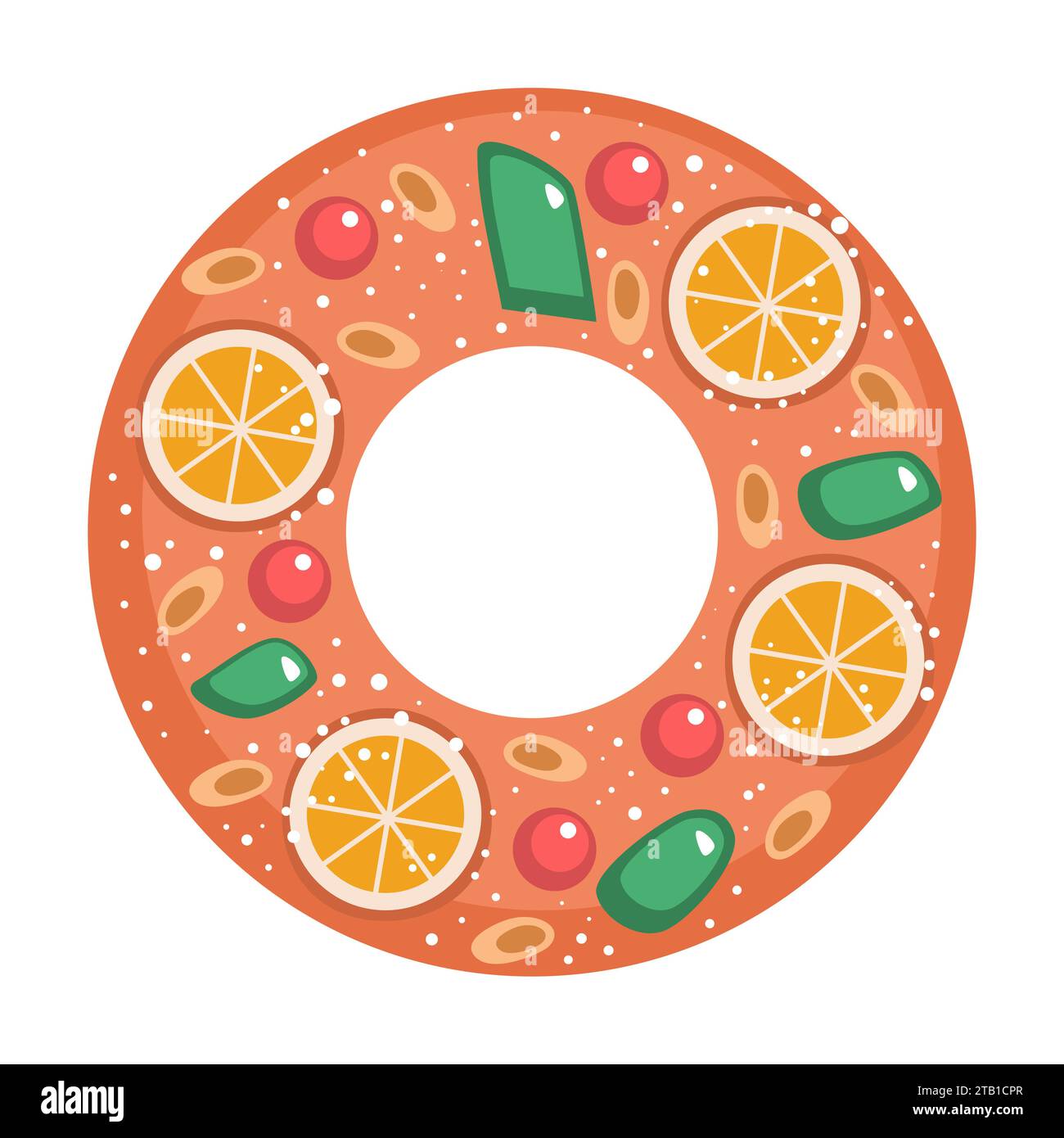 Roscon de Reyes, tre saggi festeggiano il cibo tipico isolato su sfondo bianco illustrazione vettoriale. Pasticceria spagnola tradizionale del giorno dell'Epifania Foto Stock