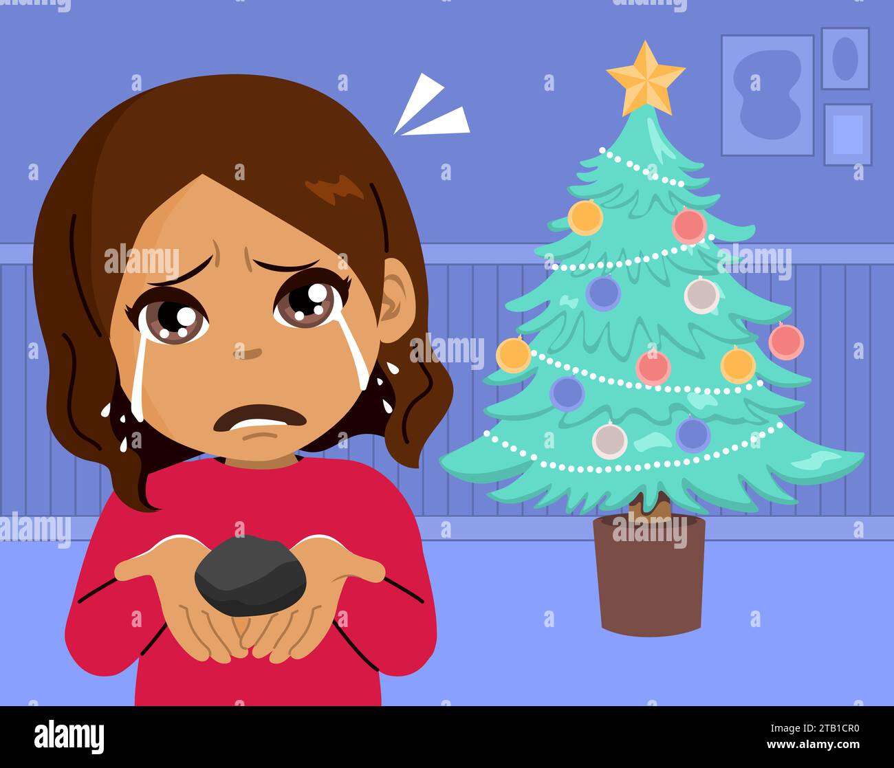 Una piccola ragazza triste che piange il giorno di Natale con un cartone animato vettoriale. Bambino infelice che tiene carbone esprime delusione per i regali natalizi cultura spagnola tradiio Foto Stock