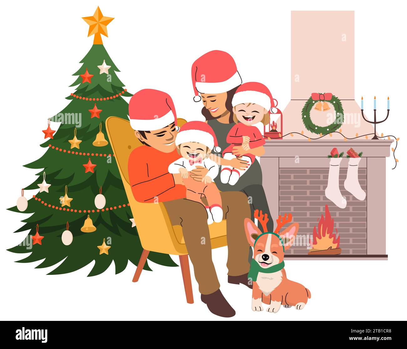 Happy Family on Christmas Indoors Illustration. Madre, padre, fratello, sorella e cane domestico che festeggiano insieme le vacanze di Natale Foto Stock