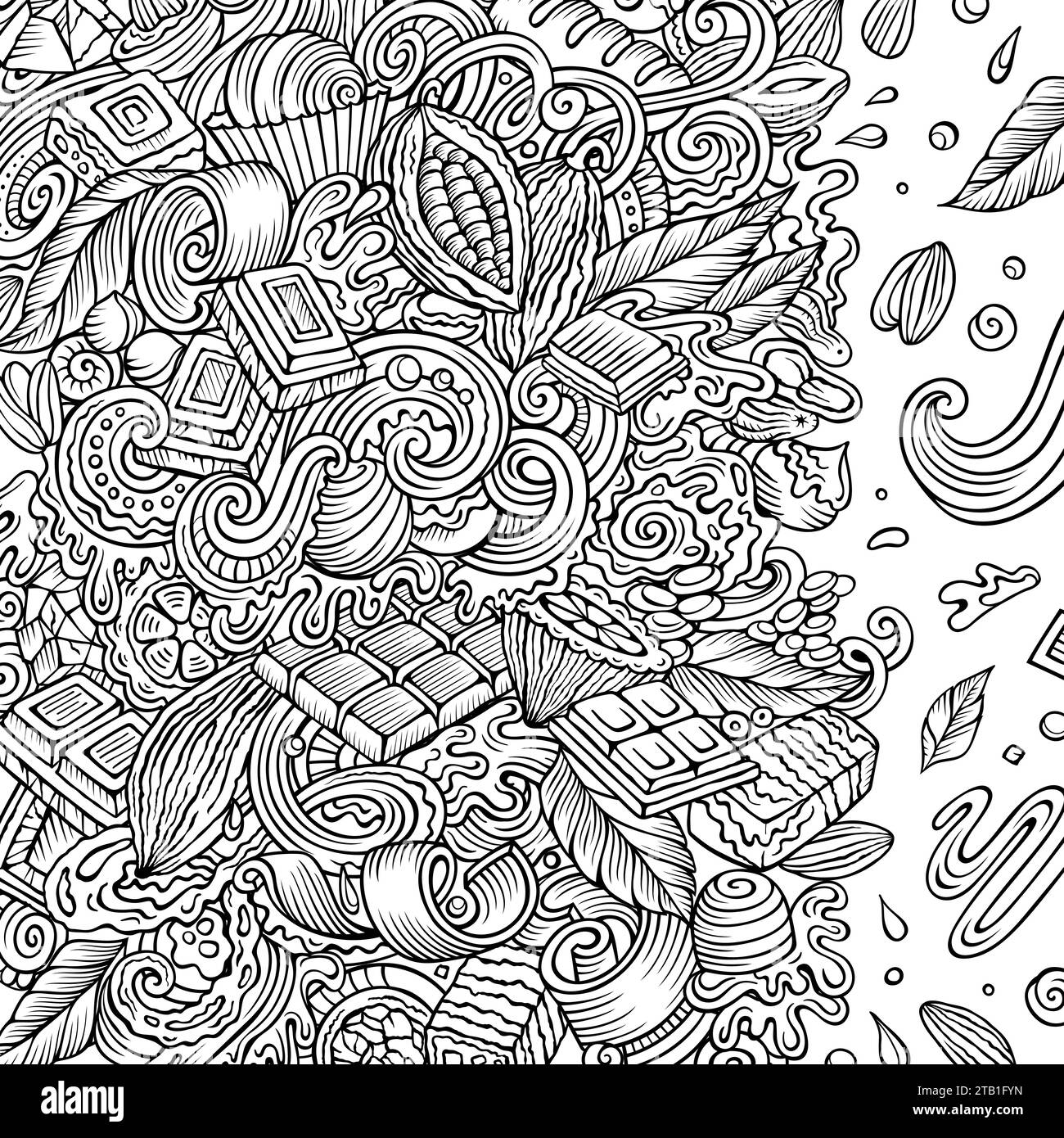 Cornice per scarabocchi vettoriali disegnati a mano al cioccolato. Design dei bordi Choco. Elementi dolci e oggetti sfondo cartoni animati. Immagine divertente e schizzosa Illustrazione Vettoriale