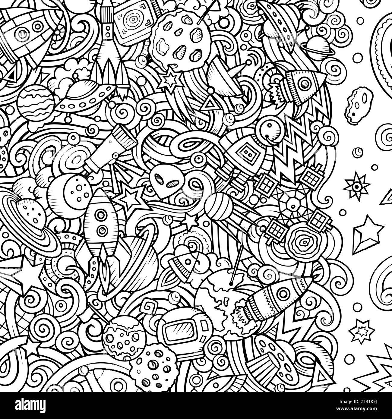 Cartoni animati vettoriali Doodles Space frame. Schizzo, dettagliato, con molti oggetti di sfondo. Line art cosmico bordo divertente Illustrazione Vettoriale