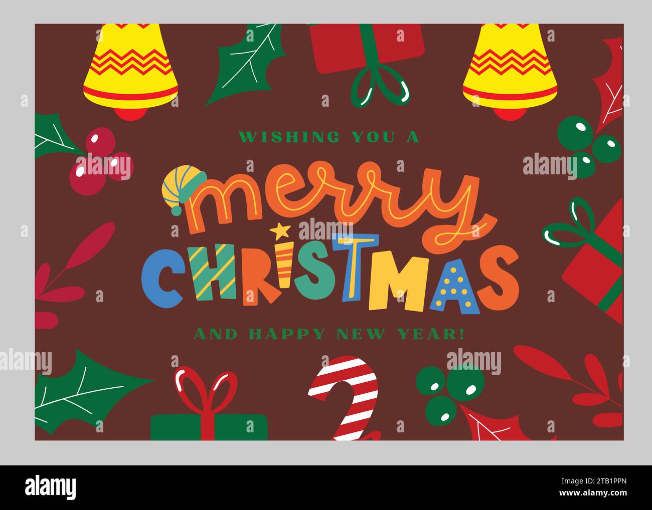 Biglietto di auguri. Buon Natale e felice anno nuovo, compagni di buon Natale, Natale e Capodanno tipografico su sfondo natalizio lucido Illustrazione Vettoriale