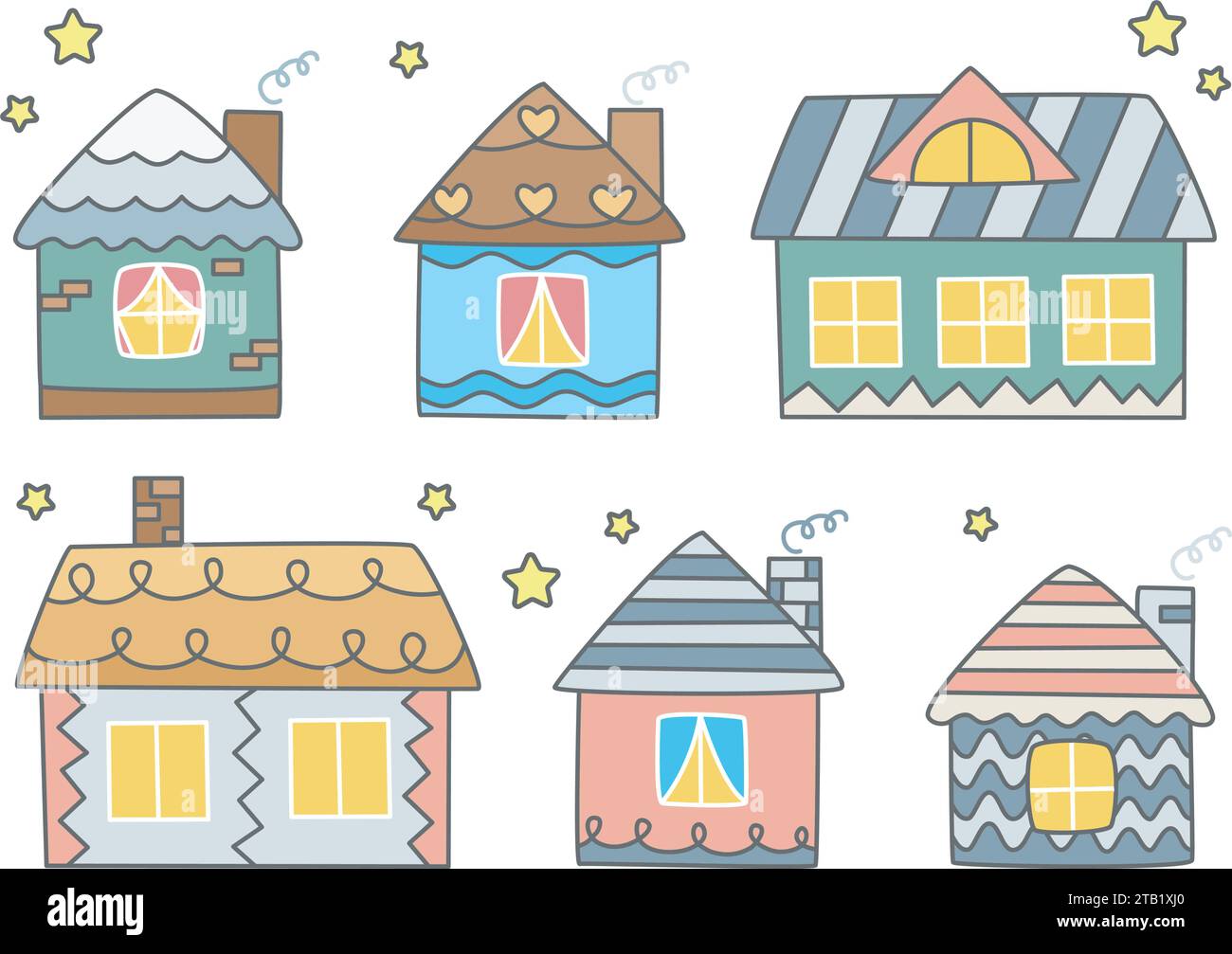 Set di case disegnate a mano dai colori semplici. Graziose case ed edifici clip art cartoon. Stile di schizzo del doodle della collezione, illustrazione vettoriale isolata Illustrazione Vettoriale