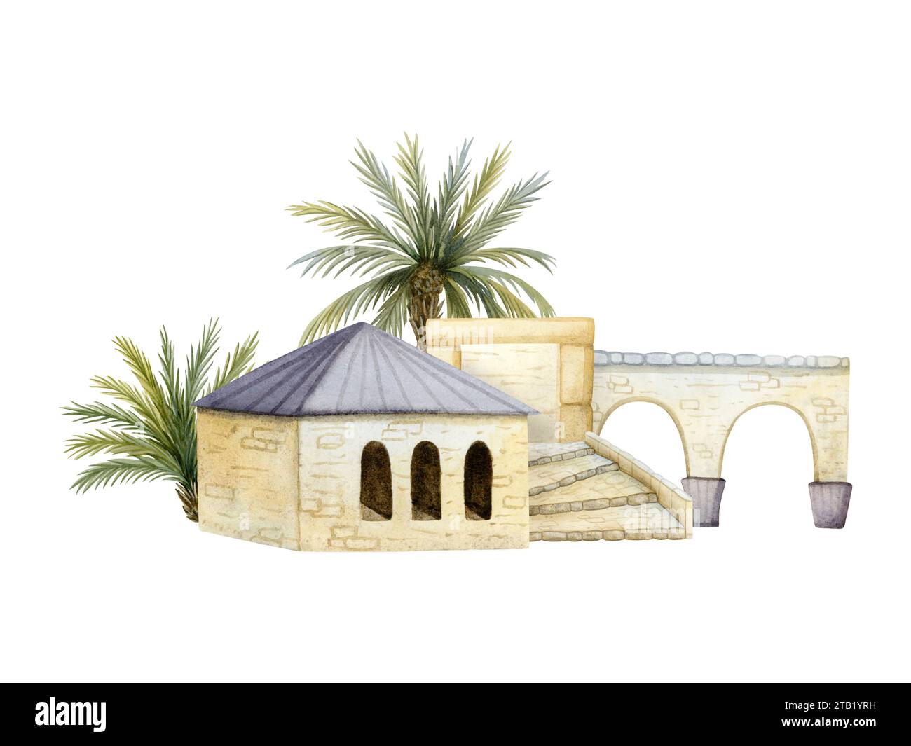 Vecchie case in pietra con palme, scale e archi ad acquerello. Quartiere cittadino. Europa romena mediterranea Foto Stock